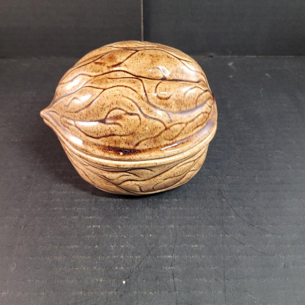 Fun Vintage Ceramic Nut Covered Dish Walnut Trinket Candy Container Large
